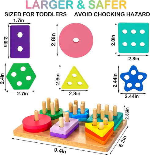 1 2 3 24-Piece 12 12+ Wooden Sorting & Stacking Toys, Montessori Toys for Years Old Toddlers, Shape Sorter Puzzles