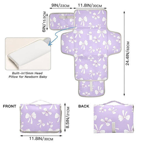VEKELEE White Bow Purple Background Portable Diaper Changing Pad for Baby, Waterproof & Foldable Changing Mat, Soft