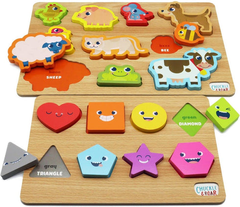 Chuckle & Roar - 2 Pack Shapes and Animals Wooden Puzzles - Fun and Educational Wooden Puzzle for Kids - Develops Fine Motor Skills - 18 Total Wooden Pieces