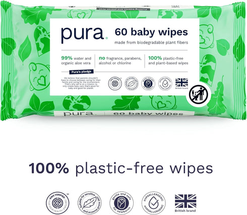 99% 3 60 pack (180 Pura Natural Sensitive Baby Wipes, Water, Unscented & Hypoallergenic, Suitable for Sensitive