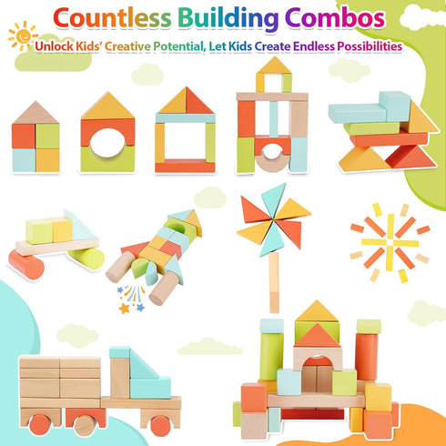 1-3, 100 Set 2+, 1st FCSONU Wooden Building Blocks for Toddlers Pcs Wood Blocks - Sorting & Stacking Toys with Storage