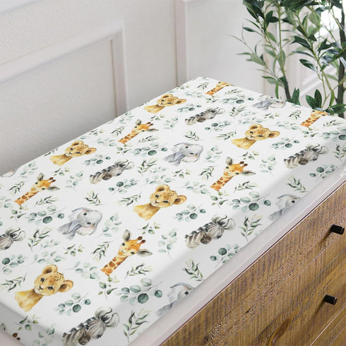 African Safari Jungle Animals Changing Pad Cover for Baby Girls & Boys, Giraffe, Elephant, Lion, Zebra, 32"/34" x 16"