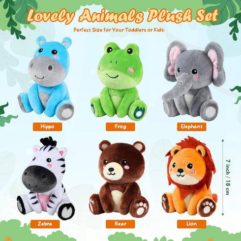 RoundFunny 6 7 Inch Pcs Forest Animals Toys Zebra Lion Hippo Bear Elephant Frog Large Stuffed Animals Bulk for Woodland