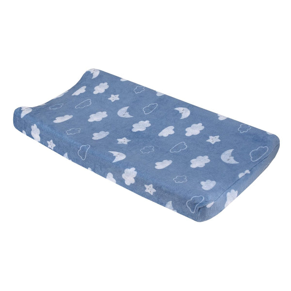 Carter's Blue Elephant Chambray Changing Pad Cover, White Clouds, Moon and Stars, Super Soft