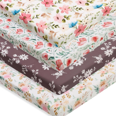 FIGEPO 4 Pack Pack Set Pack Baby Girl N Play Mini Crib Sheets Soft Fitted Floral Theme Baby Girl Mattress Covers