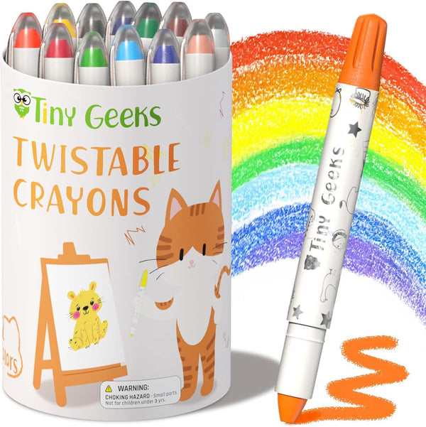 TinyGeeks 12 Twistable Crayons - Non Toxic, Washable Crayons for Toddlers, Kids