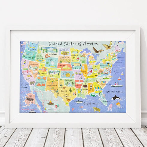 1000-piece USA Map Jigsaw Puzzle & Poster - Illustrated American Landmarks, Fun At Home Activities