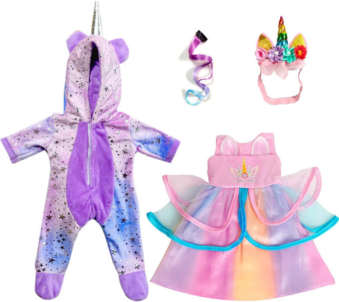 2-Sets 18-inch Set 18 inch WONDOLL American Doll Clothes - Amazing Rainbow Unicorn Clothes with Hair Clip and Headband