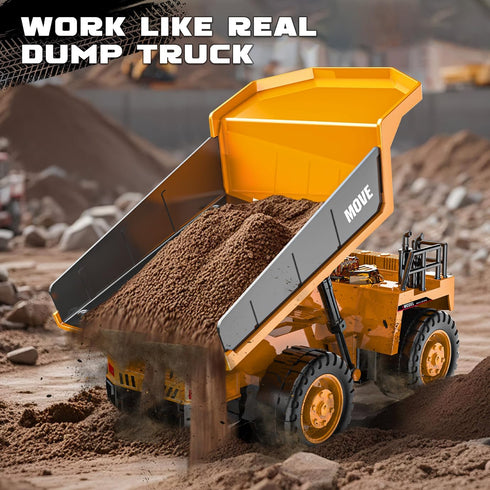 13-Channel 2.4GHz 3+ Remote Control Dump Truck Toy, Rc Construction Vehicles with Metal Bed & Light, RC Truck for Kids