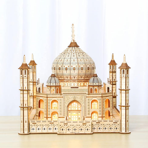 3D Wooden Puzzle for Adults, Taj Mahal Wood Model with LED Light, Self-Assembly Mechanical Building Kit