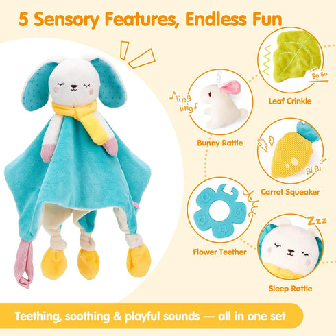 0-3-6-12 Set hahaland Baby Lovey Security Blanket, Plush Hanging Sensory Toy with Teether, Rattle & Crinkle for Infant