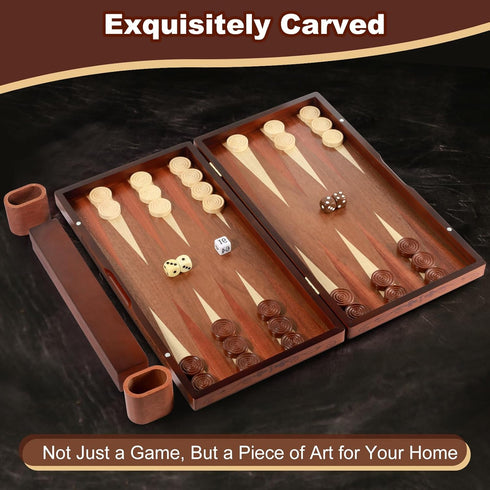 Syrace Backgammon Set 16x15.3inch, Handcrafted Wooden - Oversized Pieces, Intricate Carvings, Premium Travel Game Board