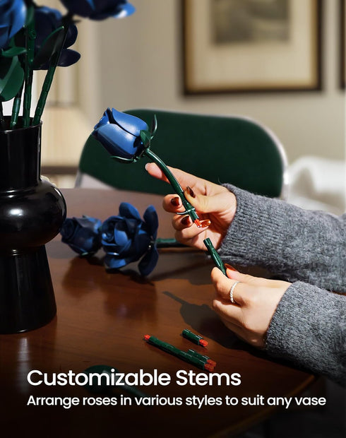 iATOM Set, 12Pcs Blue Rose Bouquet Building Flowers Botanical Collection for Adults