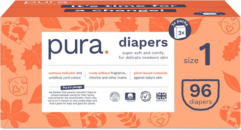 Pura Size 1 Eco-Friendly Diapers (4-11lbs), Hypoallergenic Soft Organic Cotton, 3 Packs of 32