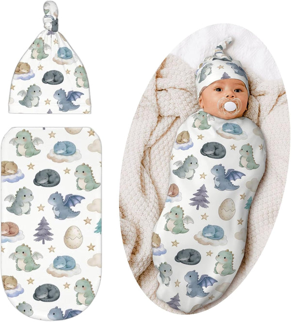 Qwalnely Dragon Swaddle Blanket with Hat for Baby, Swaddling Dragon Theme Baby Stuff