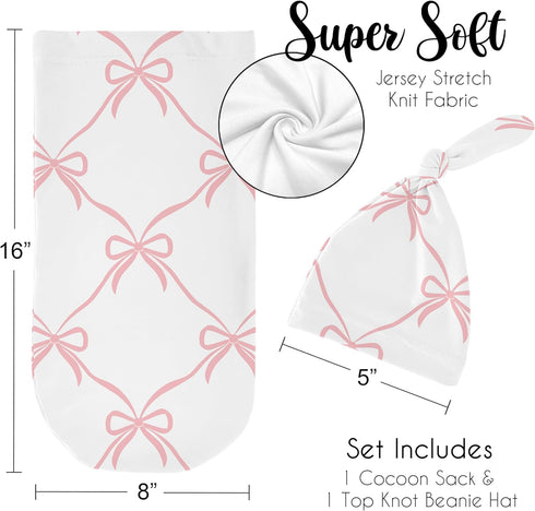 Set, Sweet Jojo Designs Baby Cocoon Swaddle & Beanie (Pink Bows) for Girls, Infant/Newborn Wearable Blanket Jersey