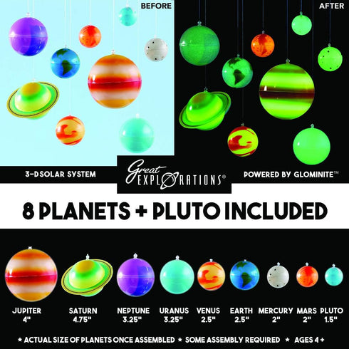 Great Explorations 3-D Solar System Glow In The Dark Ceiling Hanging Kit with 3D Planets and Star Stickers