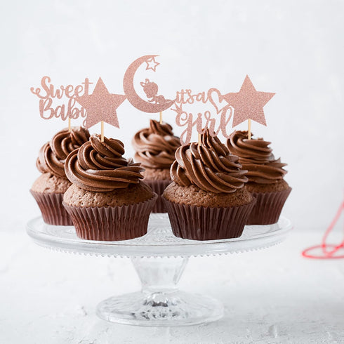 36 PCS Baby Shower Girl Cupcake Toppers, Moon Glitter Star It's a Girl Sweet Baby Gender Reveal Picks, Rose Gold