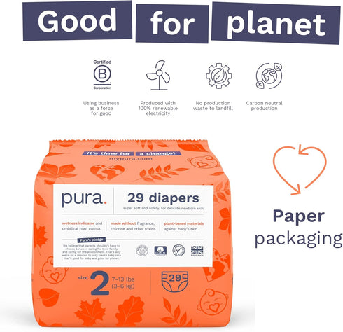 2 (7-13 lbs) 3 Packs 29 (87 Pura Hypoallergenic Diapers, Size Totally Chlorine Free, Wetness Indicator, Suitable