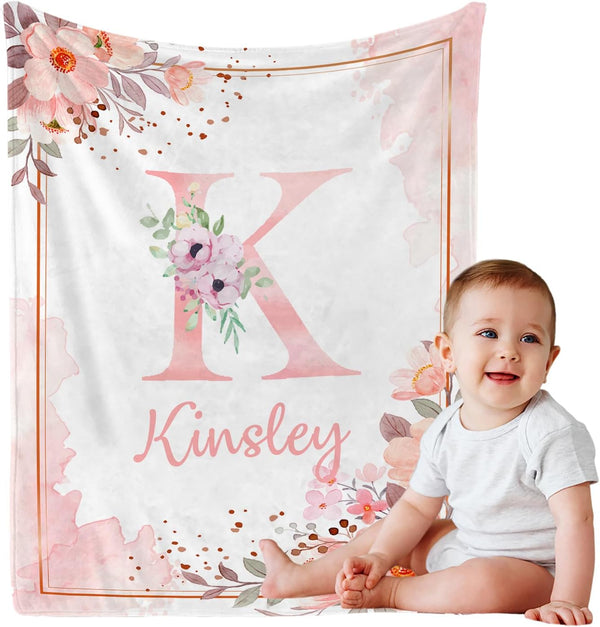 Personalized Baby Blanket with Name, Custom Floral Name Blanket Toddler Girls Soft