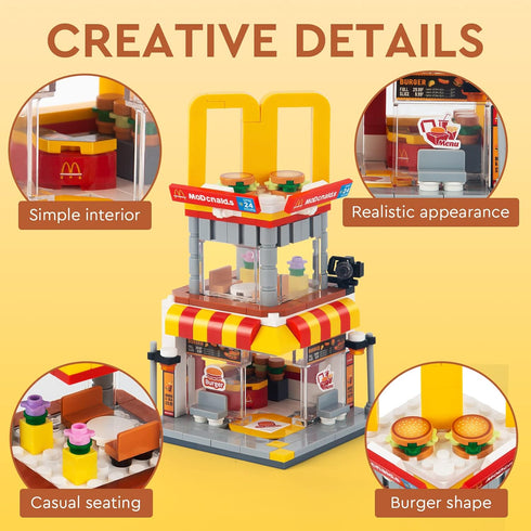 City Street View Burger Shop Building Set, MOC Creative Model DIY Toys, Unique Home Decor, Gift for Kids Age 8+