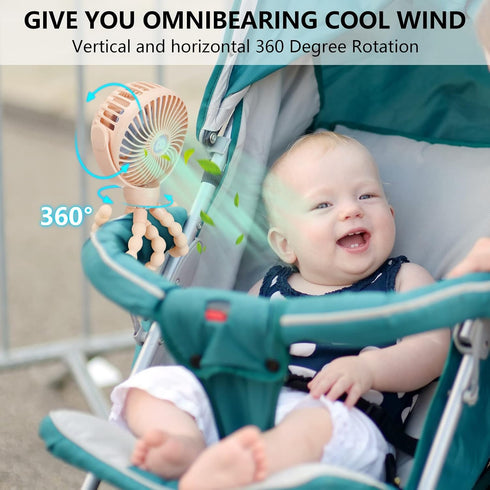 360 snawowo Mini Portable Baby Stroller Fan, Battery Operated Clip on Fan, Rechargeable Rotate Flexible Tripod Handheld