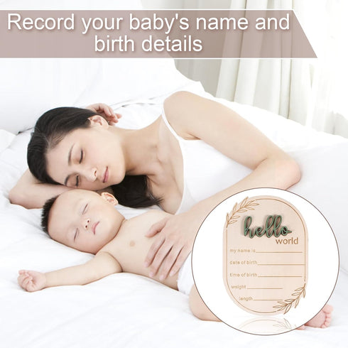 Gosknor 5.91x4.13 Inch Baby Announcement Sign, Wooden Hello World Baby Name Sign Newborn Announcement Sign Birth