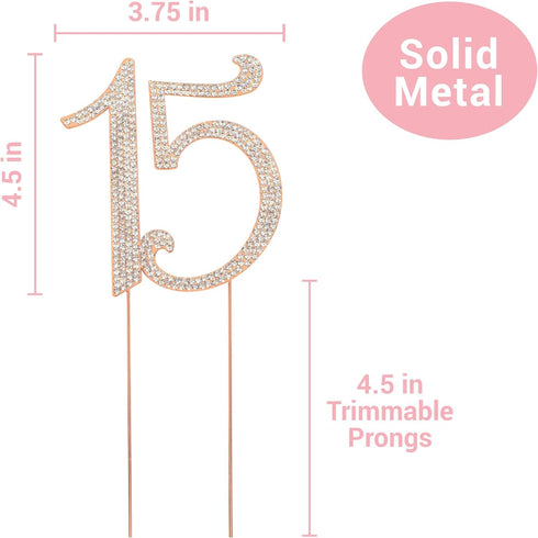 15 Cake Topper - Premium Rose Gold Metal, 15th Birthday or Anniversary Party, Sparkly Rhinestone Decoration, Protected