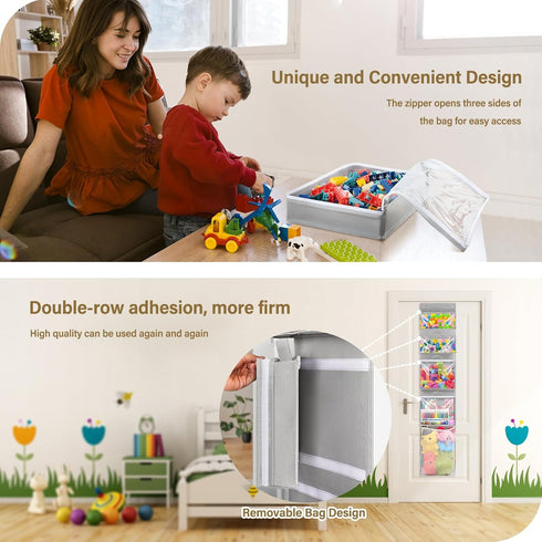 4 Closet Woodoulogy Hanging Toy Storage over Door, Block Stuffed Animal Organizer Idea with Removable Case Bag, Bi-Fold