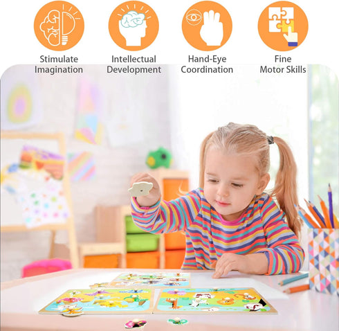 WOOD CITY Toddler Puzzles and Rack Set, Wooden Peg Puzzles Bundle with Storage Holder for Kids Age 2-4