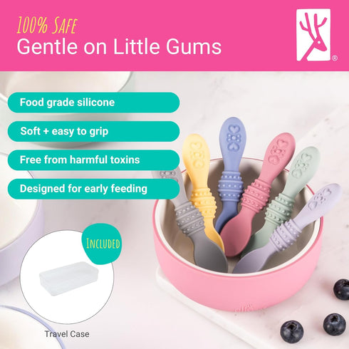 Elk and Friends Silicone Baby Spoons | Travel Case Included | First Stage Infant Toddler Spoon | Baby Led Weaning Stage