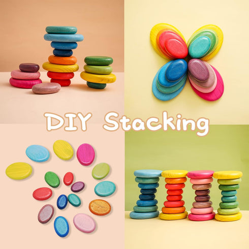 OESSUF 16PCs Stacking Rocks Wooden Blocks, Balancing Stacking Stones for Toddler Rainbow Pebbles Sorting Toys