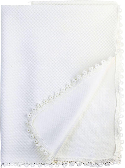 Carriage Boutique Special Occasion Off White Qulited Blanket with Lace Trim