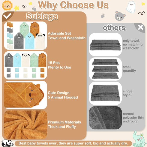 Sublaga 15 5 10 Set, 32 32 Inch Pcs Baby Bath Towels- x Hooded Baby Towels and x Baby Washcloths x Hooded Toddler Towel