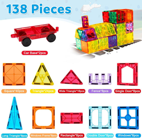 Ryoichi 138PCS Set 2 3-9+ Magnetic Building Tiles with Cars, STEM Educational Construction Blocks & Montessori Learning