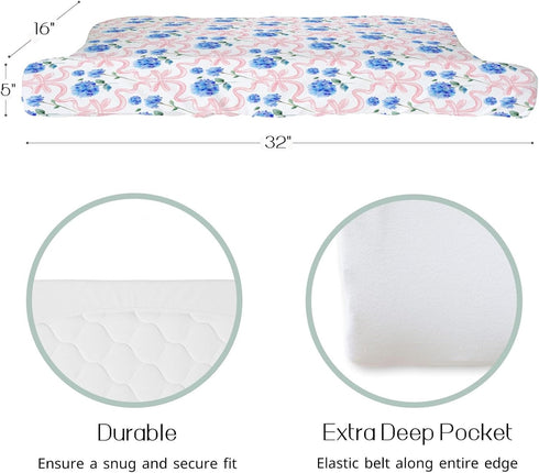 HawSkgFub 32"/34" 16" Pink Bow Hydrangea Floral Changing Pad Cover for Baby Girls Shower Gift, Boho Blue Flowers Ribbon
