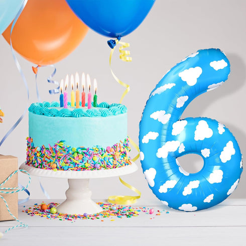 40 Inch Large Number 6 Balloon, Birthday Decorations with Blue Clouds, Party Supplies for 6th Birthday