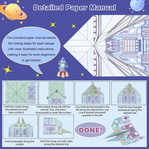 16 32 8-12 LEERYOUQU Kids Paper Airplane Kit, Creative Paper Airplane Book with Classic Designs & Planes Sheets