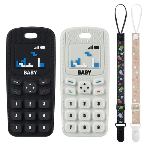Baby Teether Toys, 2PCS Silicone Phone Shape Teething Toys with 2PCS Pacifier Clip for Babies 0-6 Months (Beige & Black)