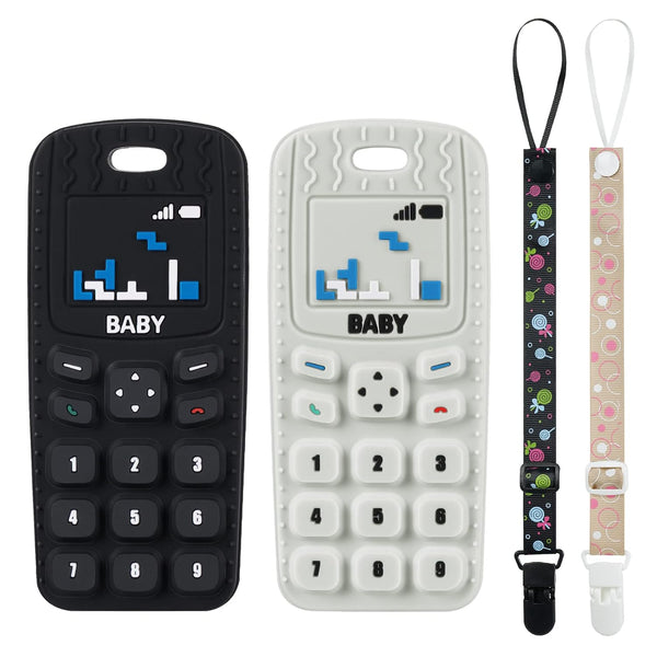Baby Teether Toys, 2PCS Silicone Phone Shape Teething Toys with 2PCS Pacifier Clip for Babies 0-6 Months (Beige & Black)