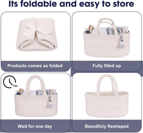 Baby Diaper Caddy Organizer - Cotton Rope Nursery Storage Bin for Changing Table, Portable Tote Bag for Newborn