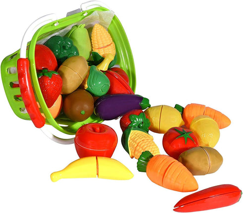 Playset (32 Playkidz: Fruit and Vegetables Basket Pretend Play Kitchen Food Educational with Toy Knife, Cutting Board
