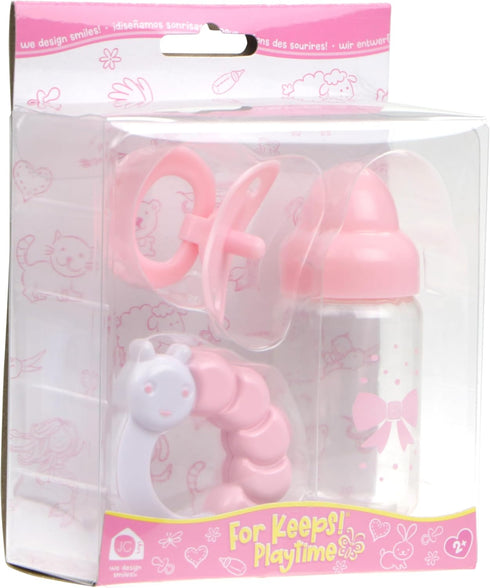 Set 15" 2+ Pink Baby Doll Bottle, Rattle & Pacifier | JC Toys - for Keeps Playtime! | Fits Many Dolls up to | Play