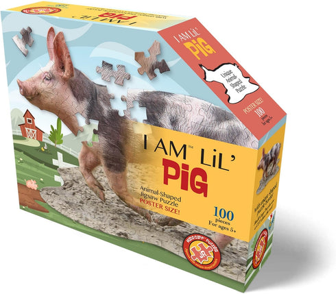 Madd Capp Lil' Pig 100 Piece Jigsaw Puzzle for Ages 5 and Up - 4019 - Unique Animal-Shaped Border, Poster Size When Completed, Oversized Pieces for Easy Handling, Includes Educational Fun Facts