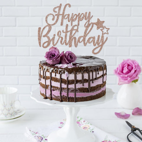 LeeSky Happy Birthday Cake Topper, Rose Gold Glittery Paper, 1pc, 4" x 0.3", Perfect for Parties