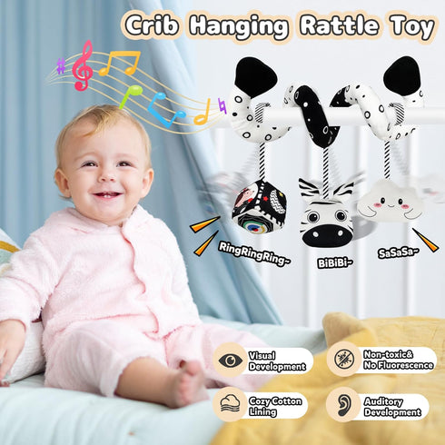 Hanging Rattle Toys for Crib Mobile - Car Seat Toys for Babies 0-6 Months, Black and White High Contrast Baby Toys