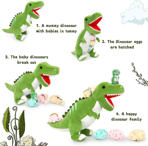 Tezituor Giant Dinosaur Stuffed Animal, 23.6'' Big T-Rex Mommy Plush Toy with 3 Baby Dinosaurs & Egg Bags
