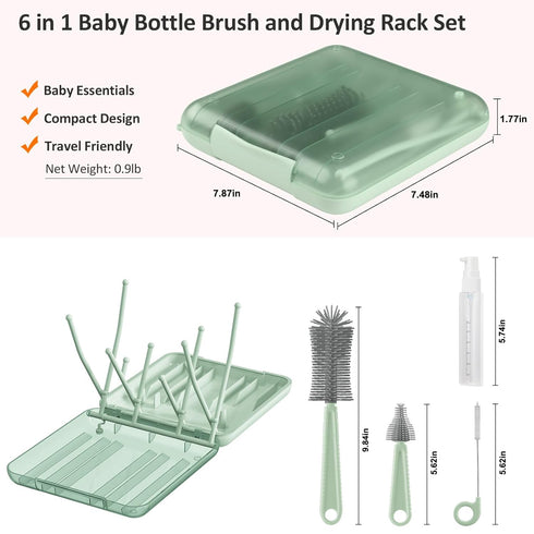 Hineriaeo 6-in-1 Set Baby Bottle Cleaning Brush with Silicone Bottle Brush, Nipple Cleaner, Straw Brush, Soap