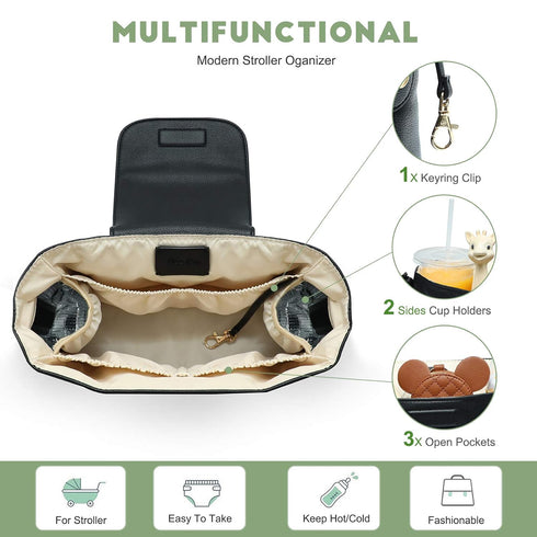 Black Stroller Organizer with Insulated Cup Holder Stroller Accessory Bag, Pacifier Holder Case with Clip, Pacifier