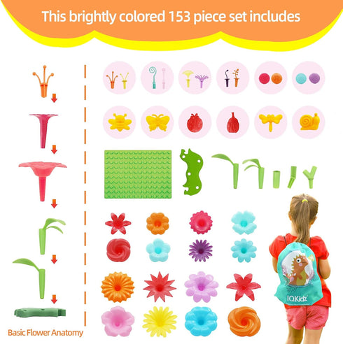 3-6 Years Old Toddler Toys - Flower Garden Building Toy with Insect Pegs, 153Pcs Educational STEM Stacking Set